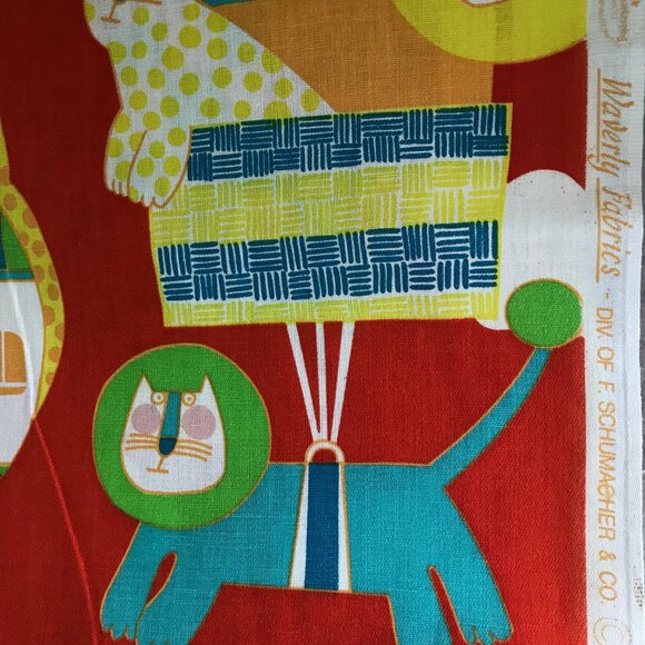 Red Hot air balloon elephants and cat fabric by Waverly Big Balloon Co - Picture 5 of 10